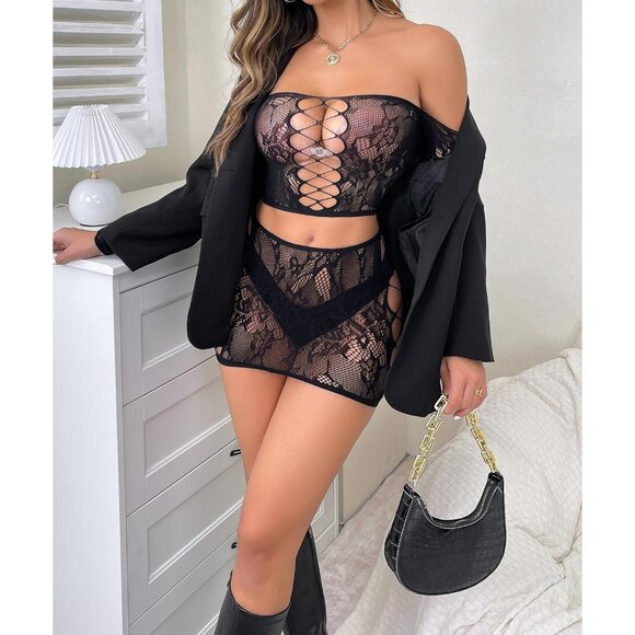 Black Women’s Sexy Fishnet Lingerie Set Babydoll Bodysuit Nightwear Outfit - Picture 4 of 6
